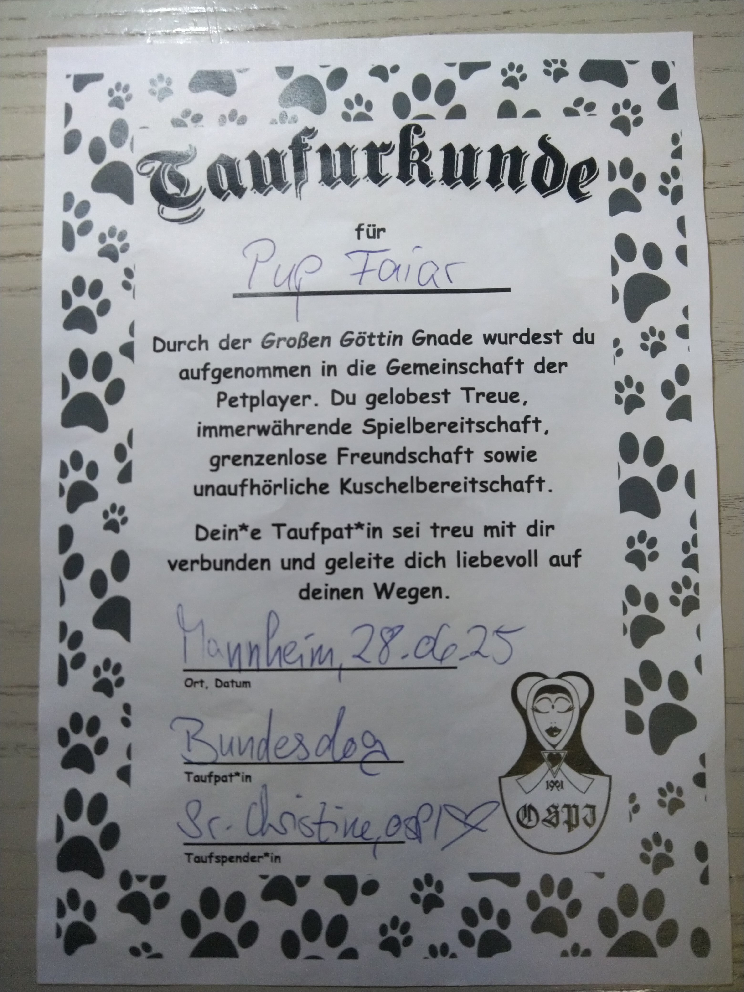 Certificato Ufficiale del Battesimo Puppy di Faiar a Mannheim
